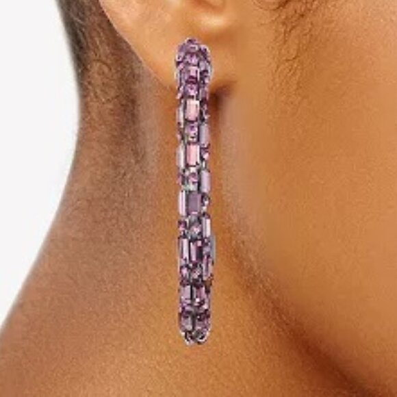 VERA WANG Rocker Chic Gunmetal Purple Rhinestone Crystals C Hoop Earrings**NEW! - Picture 2 of 2